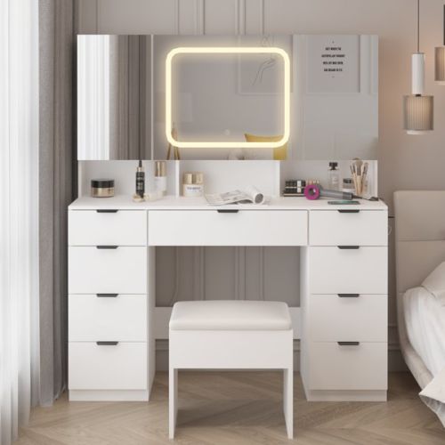Large Vanity Table Set with 3 Opening Mirrors and LED Lights, Vanity Table with Full Storage Behind Mirror Large Vanity Table Set with 3 Opening Mirrors and LED Lights, Vanity Table with Full Storage Behind Mirror